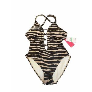 Vince Camuto Women Plunge Neck One Piece Swimsuit Size 8 Zebra Stripe MSRP $114